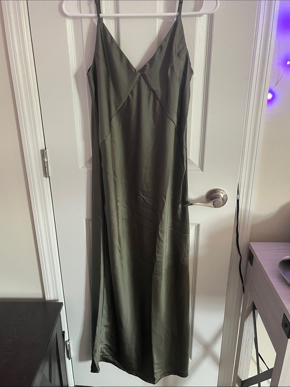 Olive Satin Slip Maxi Dress with V-Neck